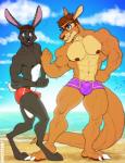 3_toes abs anthro balls_outline beach biceps blue_eyes brown_hair bulge bulge_size_difference clothed clothing cloud detailed_bulge digitigrade duo ear_piercing eye_contact eyewear feet flexing genital_outline glasses hair looking_at_another male muscular muscular_anthro muscular_male navel nipples pecs piercing plantigrade purple_clothing purple_swimming_trunks purple_swimwear sea seaside sky smile standing swimming_trunks swimwear tight_clothing toes topless topless_anthro topless_male water wearing_glasses kihu dangaroo spiritpaw kangaroo lagomorph leporid macropod mammal marsupial rabbit 2018