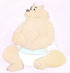 anthro brown_body brown_fur clean_diaper clothed clothing diaper diaper_only embarrassed frown fur male nervous pink_background simple_background sitting solo topless wearing_diaper worried fang29 bear mammal 2019 hi_res