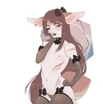 armwear brown_armwear brown_clothing brown_ears brown_hair brown_legwear brown_markings brown_tail clothing female flat_chested fur glistening glistening_eyes hair legwear long_hair markings navel solo standing tail white_body white_fur sonyan humanoid hi_res