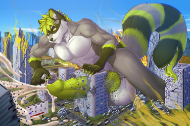 aircraft anthro bodily_fluids building building_destruction building_sex city_destruction cum destruction ejaculation genital_fluids genitals green_penis helicopter knot knotted_penis macro male penis solo tail tail_mouth unusual_anatomy unusual_tail vehicle helaviskrew mammal procyonid raccoon hi_res
