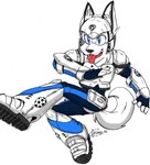 anthro armor blue_eyes boots clothed clothing footwear headgear helmet kick male mascot shoes simple_background soccer_ball_print solo tongue tongue_out visor wearing_helmet white_background zhengfox san_jose_earthquakes rikter_the_cyberdog canid canine canis domestic_dog mammal 2015 hi_res