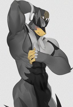 5_fingers abs anthro armpit_focus biceps big_muscles biped black_body black_fur blush bottomwear bulge clothed clothing clothing_lift embarrassed fingers fur fur_markings grey_body grey_fur head_markings loincloth loincloth_only looking_down male male_anthro markings multicolored_body multicolored_fur muscular muscular_anthro muscular_arms muscular_male nipple_slip nipples obliques pecs pokemorph raised_arm simple_background snout solo standing topless white_body white_fur goodboymono nintendo pokemon bear generation_8_pokemon legendary_pokemon mammal pokemon_(species) single_strike_style_urshifu urshifu 2025 colored digital_drawing_(artwork) digital_media_(artwork)