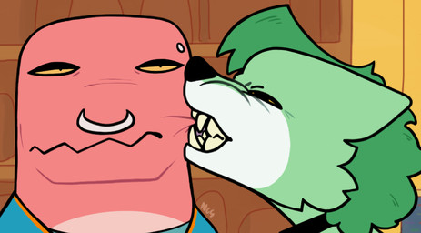 anthro bite biting_another black_nose clothing duo facial_piercing female fur green_body green_fur green_hair hair nose_piercing nose_ring piercing pink_body ring_piercing sharp_teeth teeth yellow_sclera ncs gamecade_(ncs) beth_(ncs) nance_(ncs) canid canine canis crocodilian mammal reptile scalie wolf 2025 hi_res
