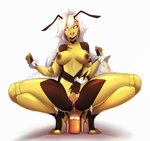 animal_humanoid antennae_(anatomy) arthropod arthropod_abdomen arthropod_humanoid bee_humanoid bodily_fluids breasts clitoris clothing crouching digital_media_(artwork) female food food_fetish food_play footwear genital_fluids genitals hair high_heels honey_(food) humanoid hymenopteran hymenopteran_humanoid insect insect_humanoid insect_wings looking_at_viewer multi_arm multi_limb natsumi_(pechallai) nipples non-mammal_breasts non-mammal_nipples open_mouth pussy shaded shoes simple_background solo spread_legs spread_pussy spreading suelix tongue tongue_out urethra white_background white_hair wide_hips wings