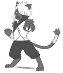 anthro barefoot bottomwear claws clothed clothing fangs feet fully_clothed fur grey_body grey_bottomwear grey_clothing grey_fur grey_pants grey_tail hair hair_over_eye male one_eye_obstructed pants paws solo tail teeth white_claws white_hair temitess naruto darui_(naruto) felid mammal pantherine 2017 full-length_portrait greyscale monochrome portrait