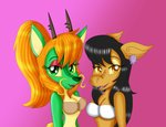 amber_eyes anthro black_hair blonde_hair bra breasts clothing duo ear_piercing ear_ring eyeshadow female female/female green_body green_eyes green_scales hair half-closed_eyes horn looking_at_viewer makeup narrowed_eyes piercing ring_piercing scales sharp_teeth smile teeth underwear whiskers yellow_body yellow_scales yellow_sclera kendratheshinyeevee asian_mythology east_asian_mythology mythology xiaolin_showdown fan_character kaida_ryuko leilani_(kendratheshinyeevee) dragon eastern_dragon mythological_creature mythological_scalie scalie