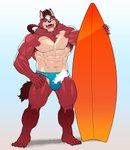 anthro barazoku bulge clothing humanoid_hands kemono male muscular muscular_anthro muscular_male one_eye_closed pecs solo surfboard swimwear vehicle watercraft wink kira_nerisu canid canine mammal 2020 hi_res