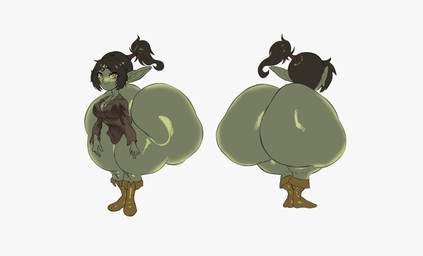 big_breasts big_butt boots bottomless breasts brown_clothing brown_hair bubble_butt butt cleavage clothed clothing female footwear glistening glistening_butt green_body green_eyes hair huge_butt huge_ears huge_hips huge_thighs humanoid_pointy_ears hyper hyper_butt hyper_hips hyper_thighs looking_at_viewer not_furry pointy_ears ponytail rear_view shirt shoes shortstack simple_background solo standing thick_thighs topwear turnaround wide_hips undergroundj goblin humanoid 2025 digital_drawing_(artwork) digital_media_(artwork) hi_res model_sheet