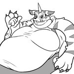 animal_skin anthro claws clothed clothing fur gesture hand_gesture horn leotard male markings obese obese_anthro obese_male overweight overweight_anthro overweight_male solo striped_markings stripes thumbs_up floofyboyetime bandai_namco digimon digimon_(species) gabumon scalie 1:1 2022 black_and_white digital_media_(artwork) hi_res monochrome