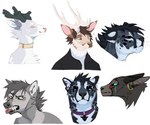 ambiguous_gender anthro antlers black_antlers black_body black_clothing black_fur black_hair black_topwear blue_eyes brown_hair brown_nose cheek_tuft chest_tuft clothing collar ear_piercing ear_ring ears_back facial_tuft fangs feral front_view fur grey_body grey_fur grey_hair hair horn looking_at_viewer male markings piercing pink_inner_ear pink_nose pivoted_ears purple_collar red_tongue ring_piercing side_view simple_background solo spots spotted_body spotted_fur spotted_neck tan_antlers tan_body tan_fur teeth three-quarter_view tongue tongue_out topwear tuft white_background white_body white_fur yellow_collar yellow_eyes blackscour canid deer felid mammal species_request bust_portrait headshot_portrait portrait sketch_page