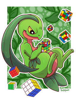 ambiguous_gender anthro chibi cube_(object) green_body leaf leaf_hair leaf_tail multicolored_body plant plant_hair pseudo_hair red_body semi-anthro solo tail two_tone_body yellow_sclera huppyleon nintendo pokemon rubik's_cube generation_3_pokemon grovyle pokemon_(species) absurd_res digital_media_(artwork) hi_res