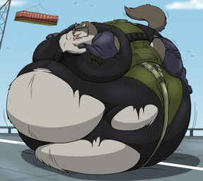 all_fours backpack belly belt big_belly clothed clothing container cracked_ground cracks eye_patch eyewear fangs feral fur immobile jumpsuit looking_at_viewer lying male morbidly_obese morbidly_obese_feral morbidly_obese_male obese obese_feral obese_male on_front one_eye_obstructed open_mouth outside overweight overweight_feral overweight_male raised_tail smile smiling_at_viewer solo tail teeth tongue tongue_out torn_clothing hectorthewolf konami metal_gear d-dog canid canine canis domestic_dog mammal 2016