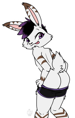 anthro bent_legs black_hair bottomwear breasts brown_body brown_fur brown_markings butt clothed clothing female fur fur_tuft hair highlights_(coloring) long_ears looking_at_viewer looking_back markings multicolored_body multicolored_fur one_eye_closed partially_clothed presenting presenting_hindquarters purple_eyes purple_highlights raised_tail rear_view shorts smile solo tail tongue tongue_out tuft underwear underwear_down white_body white_fur wink conditional_dnp muffinlewds lynn_(schattenflamme) lagomorph mammal absurd_res digital_media_(artwork) hi_res
