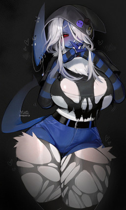 anthro biped bottomwear breasts clothed clothed_anthro clothed_female clothing female fingers front_view fur hair horn legwear looking_at_viewer pants shorts simple_background solo tail thick_thighs thigh_highs white_hair wide_hips yuio nintendo pokemon absol generation_3_pokemon pokemon_(species) 2026 absurd_res adversarial_noise digital_drawing_(artwork) digital_media_(artwork) hi_res
