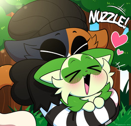 ambiguous_gender anthro duo feral forest forest_background happy heart_symbol holding_cat nature nature_background nuzzling outside plant smile tree puppysnackz epic_games fortnite nintendo pokemon meow_skulls domestic_cat felid feline felis generation_9_pokemon mammal pokemon_(species) sprigatito hi_res female_(lore)