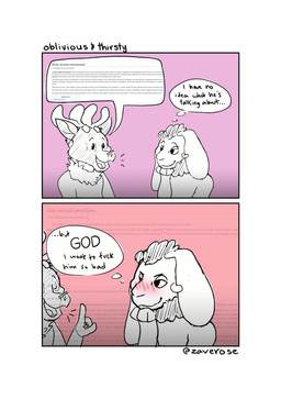 anthro antlers blush clothed clothing dialogue duo floppy_ears fur gesture hand_gesture horn humor male male/male neck_tuft open_mouth pink_background profanity shirt simple_background smile speech_bubble text thought_bubble tongue topwear tuft zaverose zav deer lagomorph leporid mammal new_world_deer rabbit absurd_res comic digital_media_(artwork) english_text hi_res signature