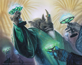 accessory anthro beard beverage clothing disembodied_hand elderly elderly_male facial_hair furgonomics green_clothing grey_body group holding_beverage holding_object horn horn_accessory male solo_focus milivoj_ceran hasbro magic:_the_gathering wizards_of_the_coast mammal rhinoceros 2021 official_art traditional_media_(artwork)