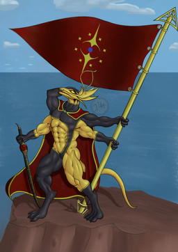 3_toes 4_arms 4_fingers abs antennae_(anatomy) anthro back_arched biceps black_clothing black_gloves black_handwear blue_sky bodysuit butt calf_muscles cloak clothing digitigrade feet fingers flag flag_(object) gloves glowing glowing_eyes hand_on_head handwear head_crest head_spikes holding_flag holding_melee_weapon holding_object holding_sword holding_weapon male mandibles melee_weapon multi_arm multi_limb muscular muscular_anthro muscular_arms muscular_legs muscular_male muscular_thighs pecs quadriceps red_cloak red_clothing sea skinsuit sky smooth_tail solo spikes spikes_(anatomy) standing sword tail tight_clothing toes v-cut water weapon yellow_body yellow_eyes voka earthward_bound kalrin arthropod insect absurd_res hi_res watermark