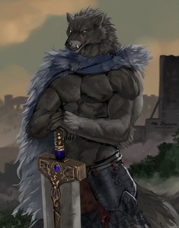 abs anthro armor biceps big_muscles black_body black_fur building cape claws clothed clothing cloud eye_scar facial_scar fangs fur looking_at_viewer male melee_weapon muscular muscular_anthro muscular_male outside pecs plant scar sky smile solo standing sword teeth text topless topless_anthro topless_male tuft unconvincing_armor weapon zephyxus elden_ring fromsoftware patreon blaidd_(elden_ring) canid canine canis mammal wolf 2022 artist_name hi_res url watermark