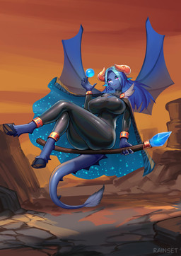 2_horns anthro big_breasts black_bodysuit black_clothing black_latex black_skinsuit blue-hair blue_body blue_fur bodysuit breasts cape clothed clothed_female clothed_humanoid clothing female fur hair holding_object holding_staff horn latex latex_bodysuit latex_clothing latex_skinsuit long_hair looking_at_viewer membrane_(anatomy) membranous_wings pink_eyes skinsuit solo staff tail thick_thighs tight_clothing wings rainset demon demon_humanoid humanoid 2026 absurd_res hi_res