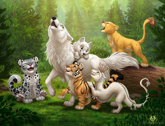 ambiguous_gender black_body black_fur black_nose black_stripes detailed_background eyes_closed feral fluffy fluffy_tail fur grass grey_body grey_fur group inner_ear_fluff leopard_spots light log markings open_mouth open_smile orange_body orange_fur outside plant smile spots spotted_body spotted_fur striped_body striped_fur stripes tail tongue tongue_out tree tuft whiskers white_body white_fur wood yellow_body yellow_fur dolphydolphiana asian_mythology east_asian_mythology mythology canid canine canis dragon eastern_dragon felid lion mammal mythological_creature mythological_scalie pantherine scalie snow_leopard tiger wingless_dragon wolf 2016 detailed lighting