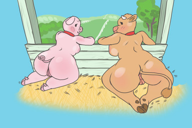 anthro butt collar duo farm female fence genitals hay hooves horn kneeling looking_away pig_nose presenting simple_background simple_eyes tail toony vulva riisyn bovid bovine cattle domestic_pig mammal suid suine sus_(pig) hi_res