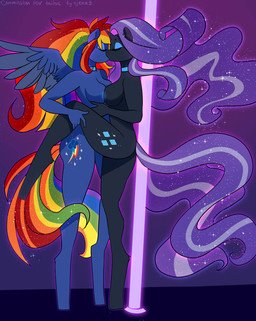 anthro anthro_on_anthro anthrofied blue_body blue_choker blue_eyeshadow blue_jewelry blue_necklace breast_squish breasts breasts_frottage butt choker corruption cosmic_hair cutie_mark duo ethereal_hair ethereal_tail eyes_closed eyeshadow feathered_wings feathers female female/female hair holding_leg hooves horn jewelry kissing leaning_against_pole long_hair makeup multicolored_hair multicolored_tail necklace nipples nipples_touching nude on_one_leg pole purple_background purple_hair purple_tail rainbow_hair rainbow_tail raised_leg simple_background spread_wings squish standing stripper_pole tail unguligrade wings xjenn9 friendship_is_magic hasbro idw_publishing my_little_pony my_little_pony_(idw) mythology nightmare_rarity_(idw) rainbow_dash_(mlp) equid equine mammal mythological_creature mythological_equine pegasus unicorn 2021 digital_media_(artwork)
