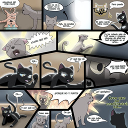 angry arrow_sign black_body black_fur bodily_fluids crying dialogue female feral fire fur glowing grey_body grey_fur group lying_on_ground male meme_face on_ground orange_body orange_fur phew reflector_(object) seductive_mouth smoke speech_bubble standing stare surprised tail tears text toony trio domestic_cat felid feline felis mammal 1:1 comic hi_res spanish_text