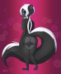 anthro black_body black_fur breasts brown_eyes butt eyeshadow female fur genitals gradient_background hair looking_at_viewer looking_back makeup nipples nude pussy rear_view simple_background solo standing white_hair skelly_doll disney zootopia diana_rayablanca fan_character mammal mephitid skunk striped_skunk 2018 hi_res signature