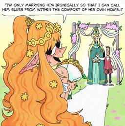 beard belt bible_(object) big_nose black_beard black_bottomwear black_clothing black_eyes black_facial_hair black_hair black_pants blonde_hair bottomwear brown_clothing brown_footwear brown_shoes brown_topwear building clothing crown dialogue dress facial_hair female footwear green_clothing green_hair green_robe group hair headgear house humanoid_pointy_ears long_ears male mouth_closed orange_hair pants patting patting_back pointy_ears pointy_nose red_clothing red_shirt red_topwear robe rope rope_belt shack shirt shoes short_hair slap speech_bubble teeth text tiara tools topwear wedding wedding_arch wedding_dress donponpon elf_comic elf_(merrivius) high_priestess_(merrivius) human_(merrivius) elf human humanoid mammal english_text hi_res