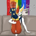 3_toes 4_fingers anthro anus balls blush blush_lines embarrassed erection feet fingers foot_fetish foot_focus furniture genitals hindpaw holding_legs_up inner_ear_fluff legs_up looking_away male musk musk_clouds on_sofa paws penis pride_color_flag rainbow_flag rainbow_symbol sitting sitting_on_sofa small_balls small_penis sofa solo stuttering talking_to_viewer text toes tuft y_anus lumiwah nintendo pokemon cinderace generation_8_pokemon pokemon_(species) 2025 absurd_res artist_name digital_drawing_(artwork) digital_media_(artwork) english_text hi_res polish_text shaded signature