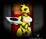 anthro beak dark female food looking_at_viewer machine open_mouth purple_eyes smile solo teeth text thefishe77 five_nights_at_freddy's scottgames chica_(fnaf) animatronic avian bird chicken galliform gallus_(genus) phasianid robot signature