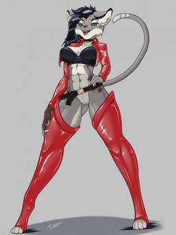 anthro belt big_breasts breasts clothing female fingerless_gloves fishnet_clothing fur gloves grey_background grey_body grey_fur hair handwear latex purple_hair red_latex simple_background smile solo standing blanic tessa_(tinyartgoblin) felid mammal pantherine snow_leopard hi_res