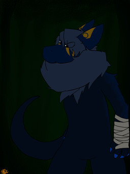 anthro arm_wraps bandage biped black_eyes blue_body dark fingerless_(marking) fluffy looking_up markings neck_tuft solo standing tuft wraps yellow_markings therasis khirotala wickerbeast 3:4 digital_media_(artwork) portrait three-quarter_portrait