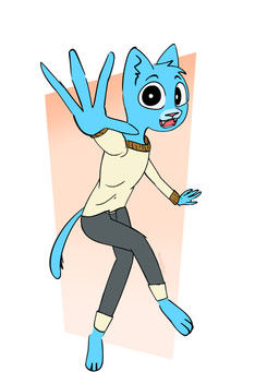 4_fingers barefoot black_eyes blue_body blue_skin blue_tail bottomwear clothing exposed_teeth eyebrows feet fingers forced_perspective fur grey_bottomwear grey_clothing grey_pants looking_at_viewer male open_mouth pants pink_nose simple_background simple_eyes smile solo standing sweater tail three-quarter_view topwear white_background moonlight_kylin cartoon_network the_amazing_world_of_gumball gumball_watterson domestic_cat felid feline felis humanoid mammal 2026 3:4 absurd_res digital_media_(artwork) full-length_portrait hi_res portrait sketch