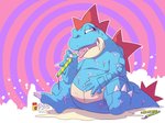 anthro biped blue_body claws kemono red_body sitting tongue tongue_out wet unagi_bukuro nintendo pokemon feraligatr generation_2_pokemon pokemon_(species) 2020