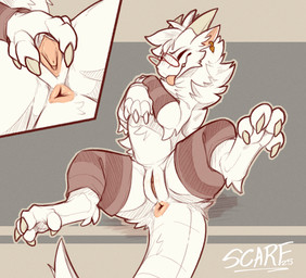 anus arm_warmers armwear blep claws clothing cutaway ear_piercing ear_ring eyes_closed eyewear female female_feral feral fur genitals glasses horn leg_warmers legwear neck_tuft paws piercing pink_anus ring_piercing simple_background solo spread_vulva spreading tail tail_anus toe_claws tongue tongue_out tuft urethra vulva white_body white_fur scafen_(artist) mythology dragon furred_dragon furred_scalie mythological_creature mythological_scalie scalie 2025 hi_res