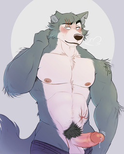 abdominal_scar anthro armpit_hair biceps blush bodily_fluids body_hair bottomwear bottomwear_down bullet_wound clothed clothing erection eyebrow_scar eyebrows facial_scar genital_fluids genitals hand_on_neck happy_trail looking_at_viewer male muscular muscular_anthro muscular_male nipples notched_ear pants pants_down partially_clothed pecs penis precum pubes scar solo vein veiny_penis thediyemi beastars legoshi_(beastars) canid canine canis mammal wolf hi_res portrait three-quarter_portrait