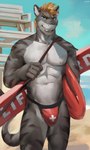 abs anthro beach bikini_thong blonde_hair blue_eyes bulge clothed clothing cloud day grey_body grin hair life_preserver lifeguard lifeguard_tower male muscular muscular_anthro muscular_male nipples non-mammal_ears non-mammal_hair non-mammal_nipples pecs sand sea seaside sharp_teeth sky smile solo swimwear teeth topless water juiceps skye_(shark7) fish marine requiem_shark shark tiger_shark 2023 hi_res