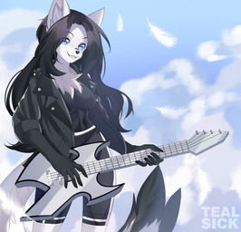 5_fingers anthro bass_guitar black_clothing black_fingernails black_hair black_nails black_shirt black_topwear breasts chest_tuft clothed clothing cloud colored_nails female female_anthro fingernails fingers fully_clothed fur guitar hair holding_guitar holding_musical_instrument holding_object inner_ear_fluff jacket kemono long_hair musical_instrument nails open_clothing open_jacket open_topwear outside plucked_string_instrument shirt sky solo string_instrument text topwear tuft white_body white_fur white_inner_ear_fluff tealsick canid canine mammal artist_name digital_media_(artwork) hi_res shaded