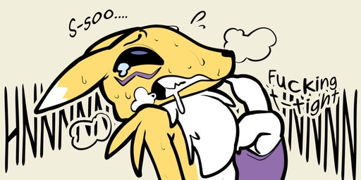 ambiguous_anthro ambiguous_gender anthro armwear black_eyebrows black_nose black_sclera black_text blue_eyes bodily_fluids breath clenched_teeth clothing dialogue dipstick_ears drooling ear_markings eye_roll eyebrows fingers foaming_at_mouth fur moan mostly_nude mostly_nude_ambiguous mostly_nude_anthro multicolored_body multicolored_ears multicolored_fur profanity purple_armwear purple_clothing ruff saliva simple_background snout solo stuttering sweat sweaty_face tan_background tears teeth text two_tone_body two_tone_ears two_tone_fur white_body white_ear_tips white_ears white_fur yellow_body yellow_ears yellow_fur itsunknownanon bandai_namco digimon canid canine digimon_(species) mammal renamon 2:1 english_text hi_res