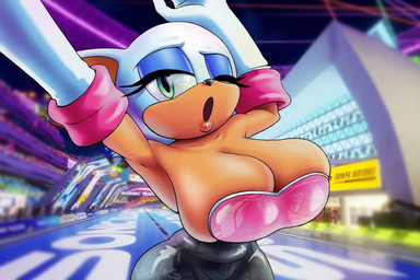 anthro barely_contained barely_contained_breasts big_breasts breast_squish breasts cleavage clothed clothing female female_anthro glistening glistening_body glistening_breasts glistening_skin green_eyes huge_breasts latex one_eye_closed open_mouth raised_arms squish suggestive_look wide_hips wink hokasqr sega sonic_the_hedgehog_(series) rouge_the_bat bat mammal 3:2