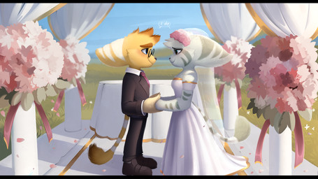 anthro blue_eyes blush bouquet clothing dialogue dress duo eye_contact eyewear female flower flower_bouquet fur furniture glasses green_body green_fur hand_holding looking_at_another looking_at_partner male male/female petals pillar plant suit table tablecloth tail tail_tuft text tuft wearing_glasses wedding wedding_dress wedding_veil white_striped_fur yellow_body yellow_eyes yellow_fur time_fluffy500 ratchet_and_clank sony_corporation sony_interactive_entertainment hamish_turner_(ukz_james97) jade_gardiner lombax mammal 16:9 absurd_res english_text hi_res widescreen
