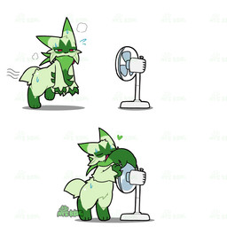 ambiguous_anthro ambiguous_gender anthro blush bodily_fluids cheek_tuft claws dipstick_ears ear_markings electric_fan eyes_closed facial_tuft fur gloves_(marking) green_body green_fur green_tail heart_symbol kemono leg_markings markings multicolored_ears narrowed_eyes open_mouth open_smile oscillating_fan red_eyes short_tail simple_background smile socks_(marking) solo sweat sweatdrop tail tail_motion tailwag tuft white_background white_claws tontaro nintendo pokemon felid feline floragato generation_9_pokemon mammal pokemon_(species) 1:1 2026 2d_animation animated animated_gif frame_by_frame loop short_playtime signature watermark