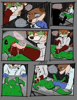 anthro bodily_fluids bound chain chained clothing coat comic_panel dialogue drooling examination_table eyewear female finger_in_mouth fur genitals glasses gloves green_body green_fur group handwear lab_coat leg_grab long_tongue male male/female male/male mask mouth_play open_mouth penis penis_tip raised_leg restrained restraints saliva slit_penis slit_play small_penis smile smirk spread_legs spreading tongue tongue_grab tongue_out topwear trio tuft wearing_glasses spicymustelid rain_world videocult jameson spice tuft_(character) gulonine mammal marten mustelid musteline otter pine_marten slugcat absurd_res comic hi_res