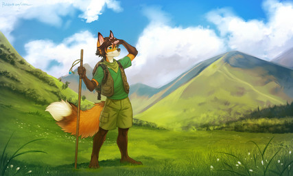 4_toes anthro backpack barefoot bottomwear brown_body brown_fur brown_hair clothing countershading feet field footwear fur grass green_eyes hair hiking kerchief leg_markings male markings mountain neckerchief neckwear orange_body orange_fur outside pawpads pink_pawpads plant plantigrade shorts sky socks_(marking) solo toes topwear vest walking_stick iskra duster_(duster) canid canine fox mammal 5:3 absurd_res digital_media_(artwork) hi_res shaded