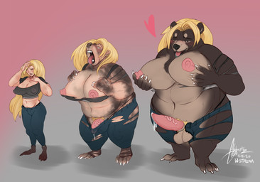 animal_genitalia animal_penis anthro ball_growth balls base_one_layout basic_sequence blonde_hair bodily_fluids body_size_growth bottomwear breast_expansion breasts clothing erection expansion female ftg_transformation fti_transformation gender_transformation genital_fluids genital_growth genitals grey_background growth gynomorph hair hand_on_breast heart_symbol human_to_anthro intersex linear_sequence nipples one_row_layout overweight pants penis penis_growth precum simple_background size_transformation smile solo species_transformation standing three_frame_image three_frame_sequence tongue tongue_out torn_clothing transformation transformation_sequence weight_gain alabasterlion bear human mammal 2020 hi_res sequence