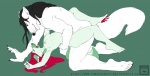 anthro anthro_on_anthro big_dom_small_sub black_hair blue_eyes breasts dominant duo eye_contact female from_front_position green_markings grin hair larger_male looking_at_another lying male male/female markings missionary_position nude on_back open_mouth pink_hair sex size_difference smaller_female smile tail teeth tongue ta-ek canid canine canis domestic_dog german_shepherd herding_dog mammal pastoral_dog wolf