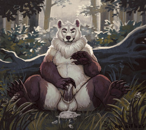 anthro bodily_fluids claws cum ejaculation fangs fluffy forest forest_background fur genital_fluids genitals grass male nature nature_background penis plant smile solo teeth tree white_body white_fur cu_sith_(artist) bear mammal digital_drawing_(artwork) digital_media_(artwork) digital_painting_(artwork) painting_(artwork)