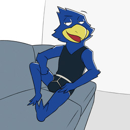 anthro barefoot beak black_briefs black_clothing black_shirt black_tank_top black_topwear black_underwear briefs bulge clothed clothing feet furniture grey_sofa half-closed_eyes male narrowed_eyes open_beak open_mouth open_smile pantsless pantsless_anthro pantsless_male shirt shirt_tucked_into_underwear sitting smile sofa solo tank_top topwear underwear white_seam_briefs white_waistband white_walls y-fronts yellow_beak ursanity nintendo star_fox falco_lombardi 1:1 hi_res
